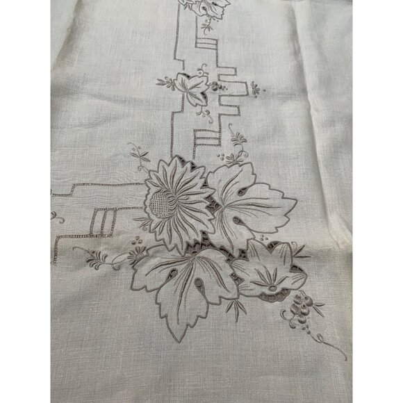 66x50” Cut Out Unbleached Muslin Tablecloth Brown Tan Embroidered Details with M - Picture 5 of 7